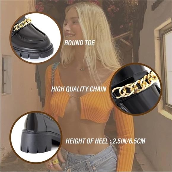 Platform Loafers for Women Chunky Heels Slip-ons with Chain Round Toe NWT - Picture 7 of 9